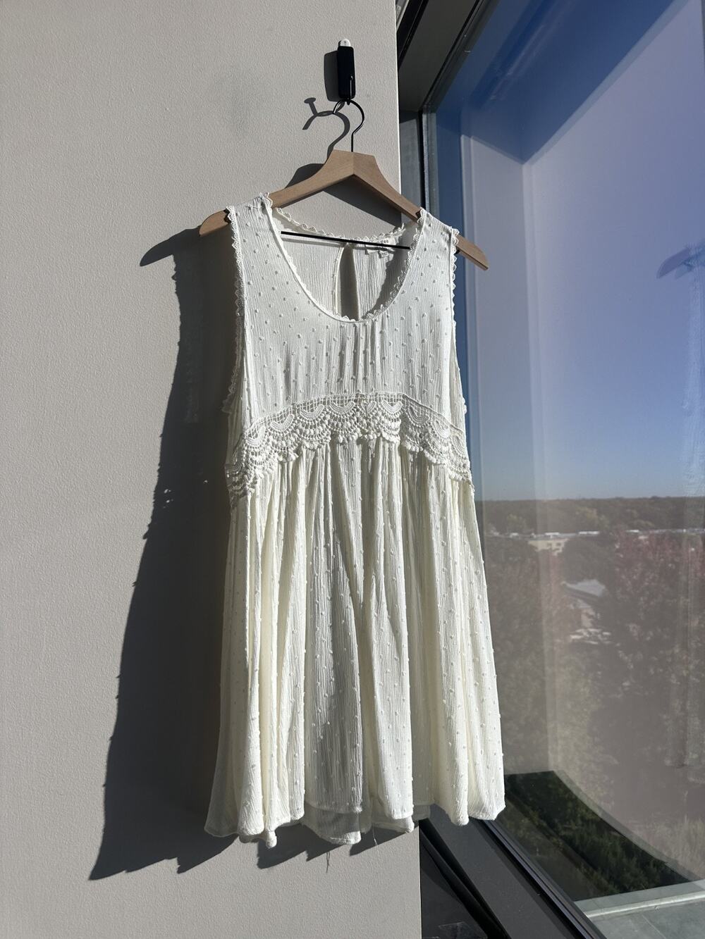 Umgee Boho Sleeveless Baby Doll Tunic Dress Crochet Lace Panel Sz L